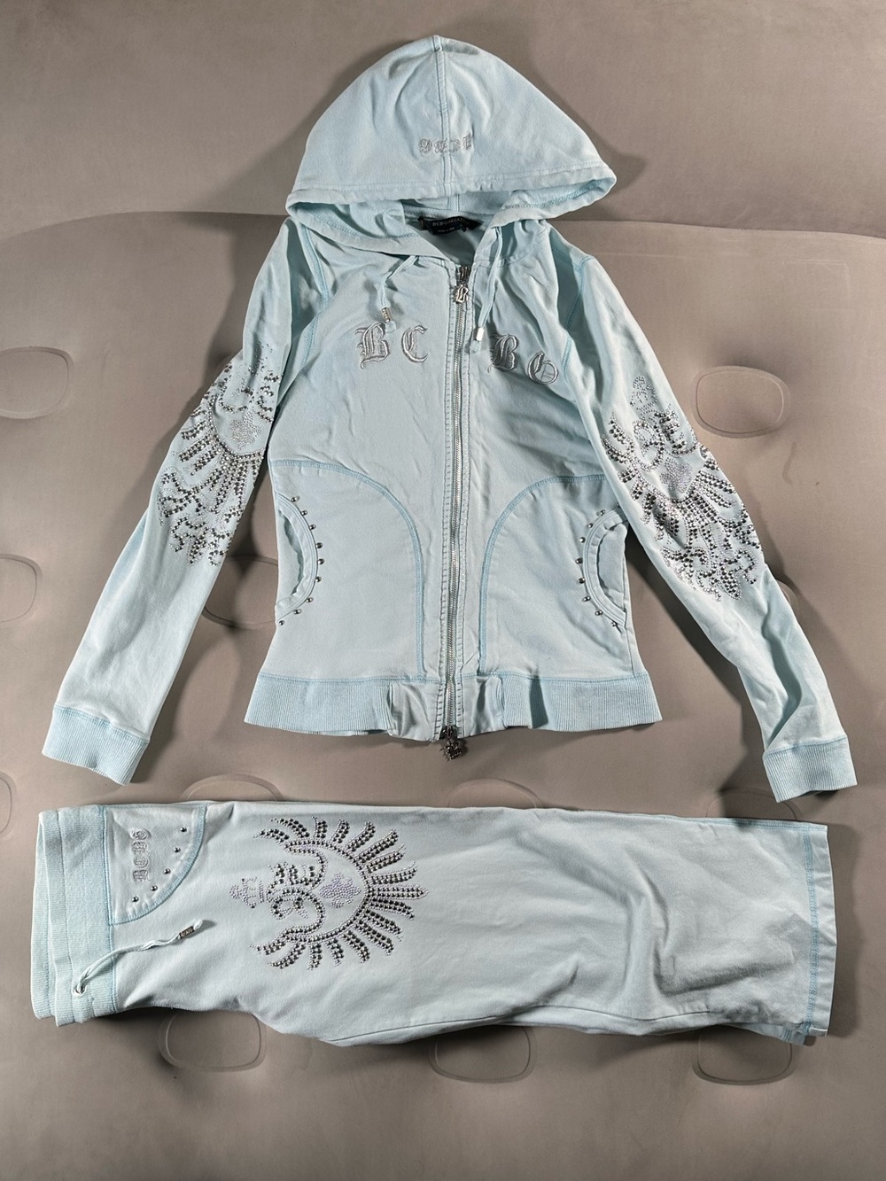 BCBGMAXAZRIA Baby Blue Coquette Studded Retro Track Suit Medium Y2K Vintage HTF